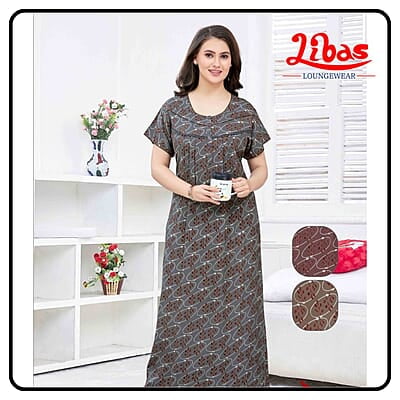 Grey Muted Mulberry Spun Cotton Nighty With Oval Strips Print From Libas Loungewear-PLT265