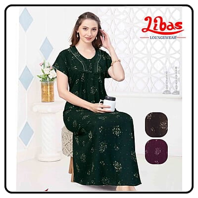 Deep Green Premium Soft Cotton Pleated Nighty With Floral Prints & Button Closure All Over From Libas Loungewear - PLT270