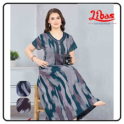 Ash Violet Premium Soft Cotton Long Sleeve Nighty With Geometric Print All Over From Libas Loungewear - AL1006