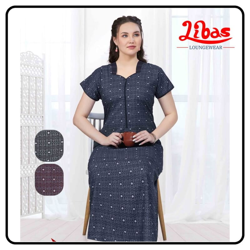 Deep Velvet Soft Cotton Nighty With Doted Print All Over From Libas Loungewear - AL1003 Deep Velvet Soft Cotton Nighty With Doted Print All Over From Libas Loungewear - AL1003