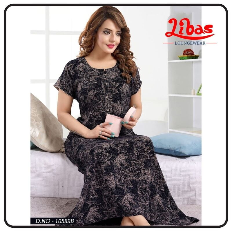 Black Russian Premium Rayon Nighty With Maple Leaf Print All Over From Libas Loungewear - PS427 Black Russian Premium Rayon Nighty With Maple Leaf Print All Over From Libas Loungewear - PS427