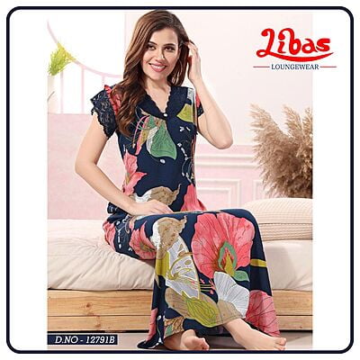 Navy Blue Premium Rayon Sleeveless Nighty With Floral Print All Over From Libas Loungewear - SL111
