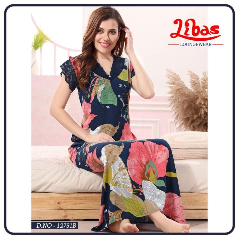 Navy Blue Premium Rayon Sleeveless Nighty With Floral Print All Over From Libas Loungewear - SL111