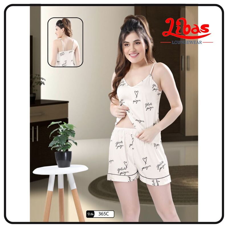 Milky White Premium Satin Two Piece Set With Geometric Print All Over From Libas Loungewear - FCN161