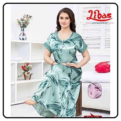 Steel Teal Premium Satin Nighty With Geometric Prints All Over From Libas Loungewear - ST098