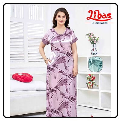MountBattern Pink Premium Satin Nighty With Geometric Prints All Over From Libas Loungewear - ST099