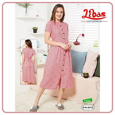 Pale Pink Premium Rayon Midi Dress With Stripe & Floral Print All Over From Libas Loungewear - MD007