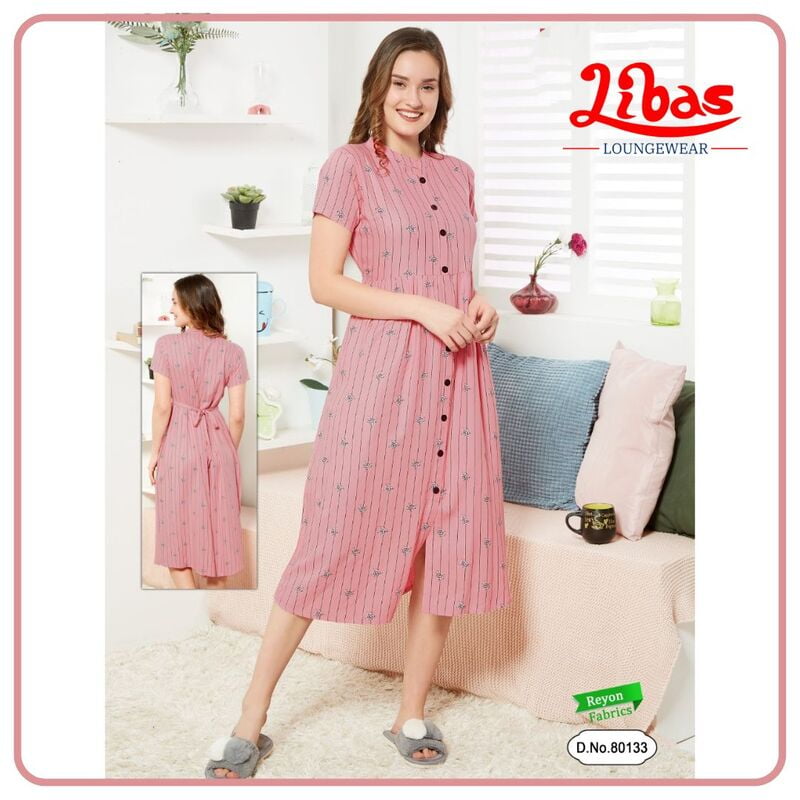 Pale Pink Premium Rayon Midi Dress With Stripe & Floral Print All Over From Libas Loungewear - MD007