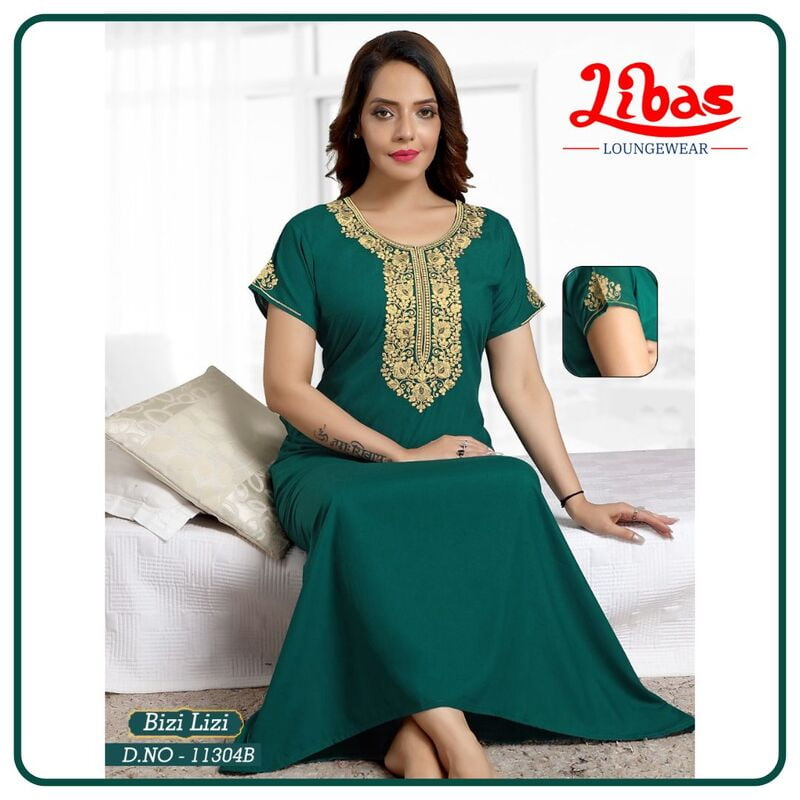 Eden Green Bizi Lizi Plain Embroidery Nighty From Libas Loungewear - EN140