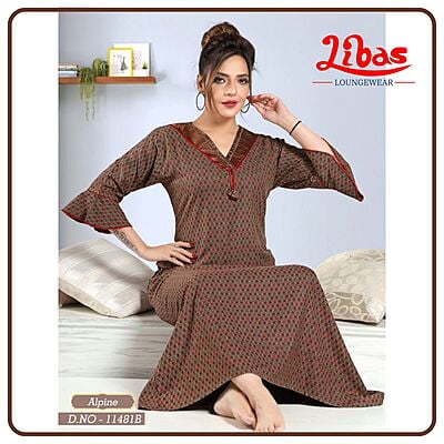 Wood Brown Alpine Long Sleeve Nighty With Geomeric Design All Over From Libas Loungewear - LSN202