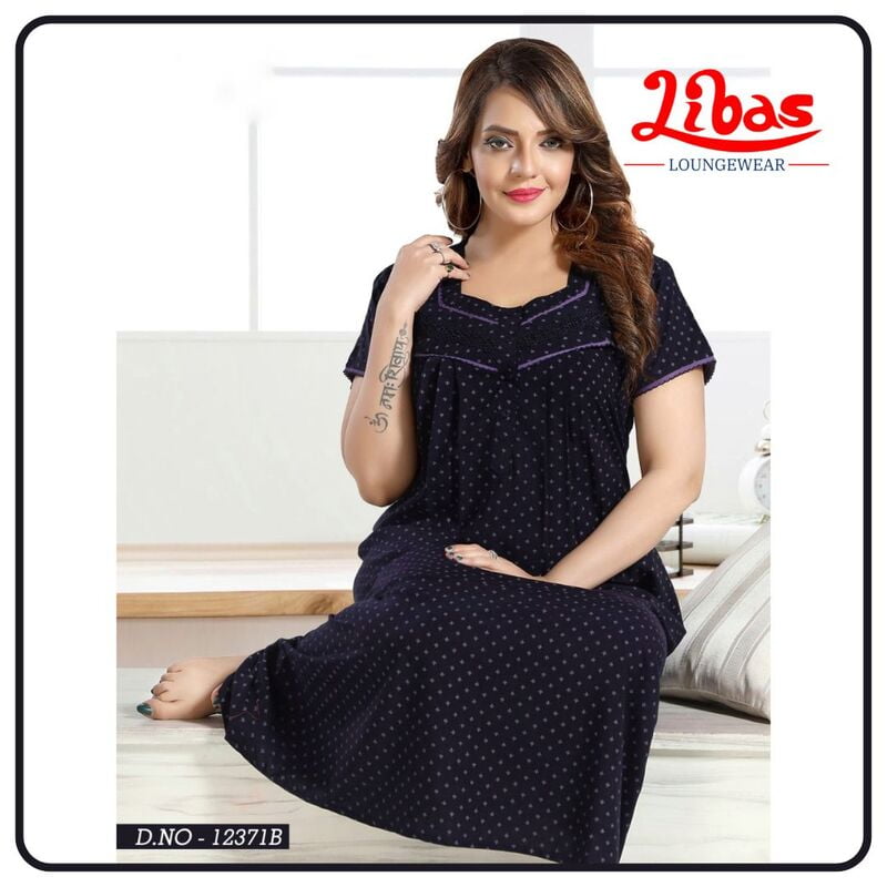 Midnight Blue Crush Cotton Pleated Nighty With Block Prints All Over From Libas Loungewear - PLT263