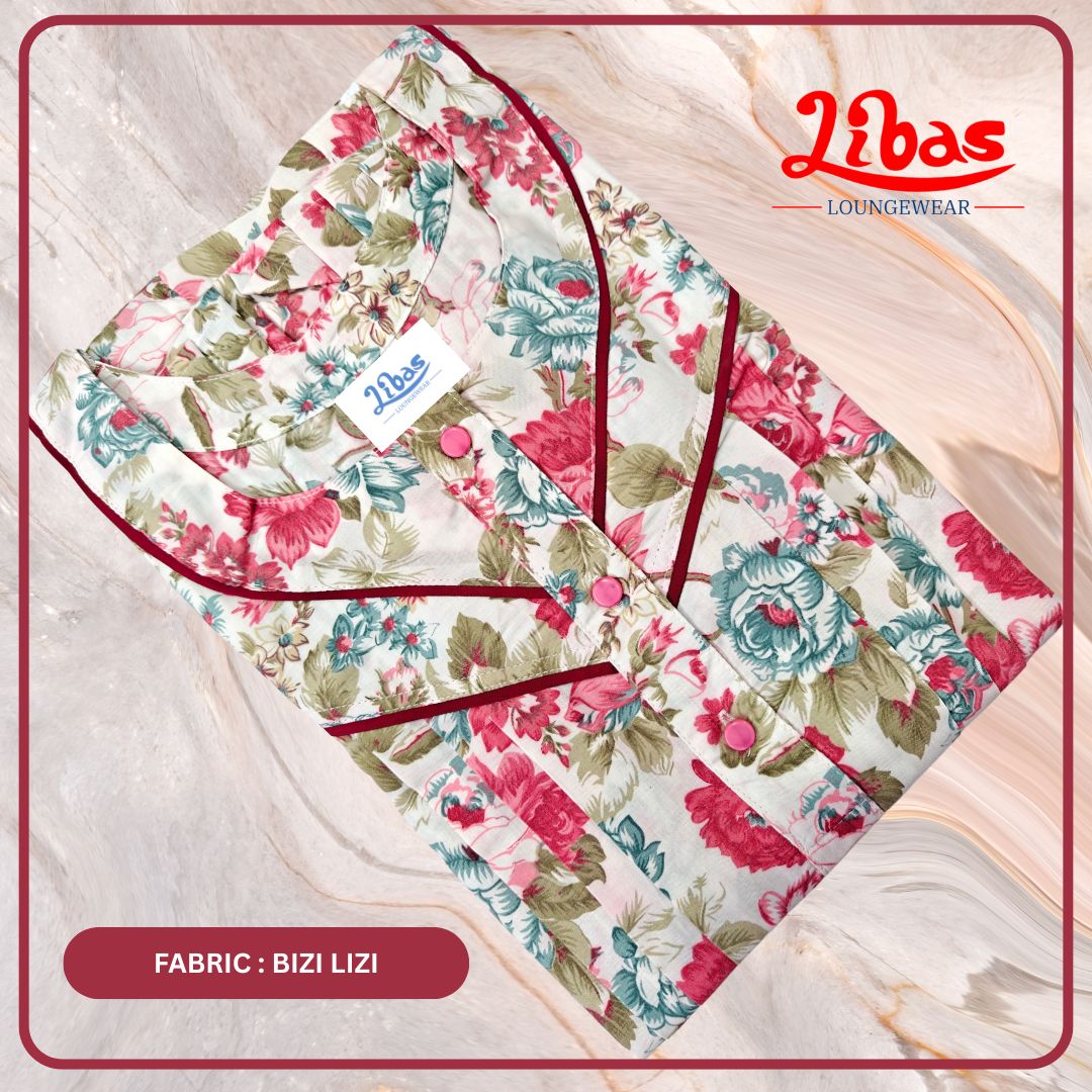Off White & Pink Bizi Lizi Pleated Nighty With Floral Design From Libas Loungewear - PLT278