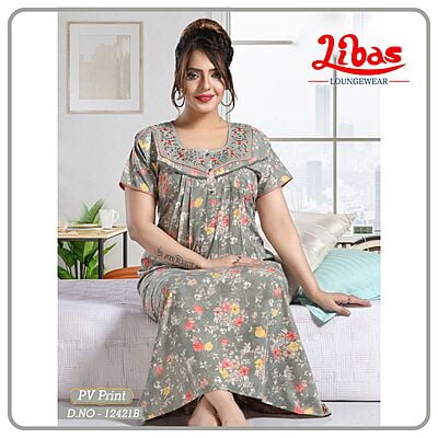 Mountain Mist P.V Plus Size Nighty With Floral Print & Front Button Closure Libas Loungewear - PS541