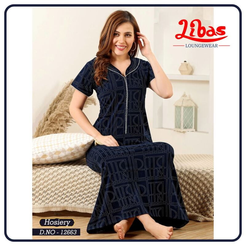 Dark Navy Blue Hosiery Cotton Nighty With Front Zip Closure From Libas Loungewear - AL995