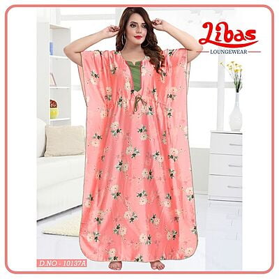 Light Pink Armani Satin Kaftan Nighty With Floral Print All Over From Libas Loungewear - KF282