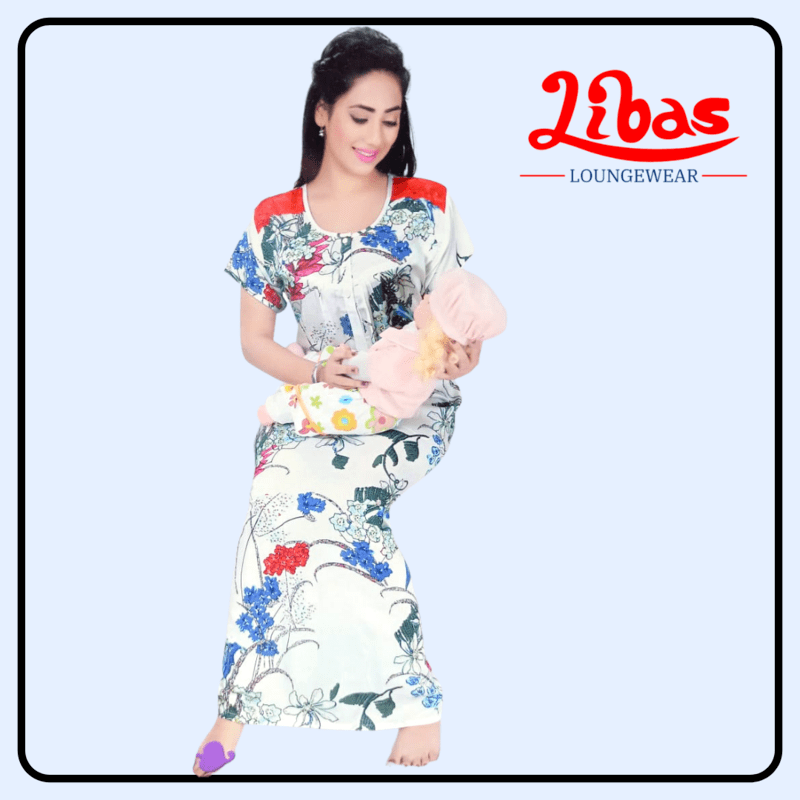 white Floral printed pleated rayon feeding nighty with side zips from libas loungewear -  FNT004