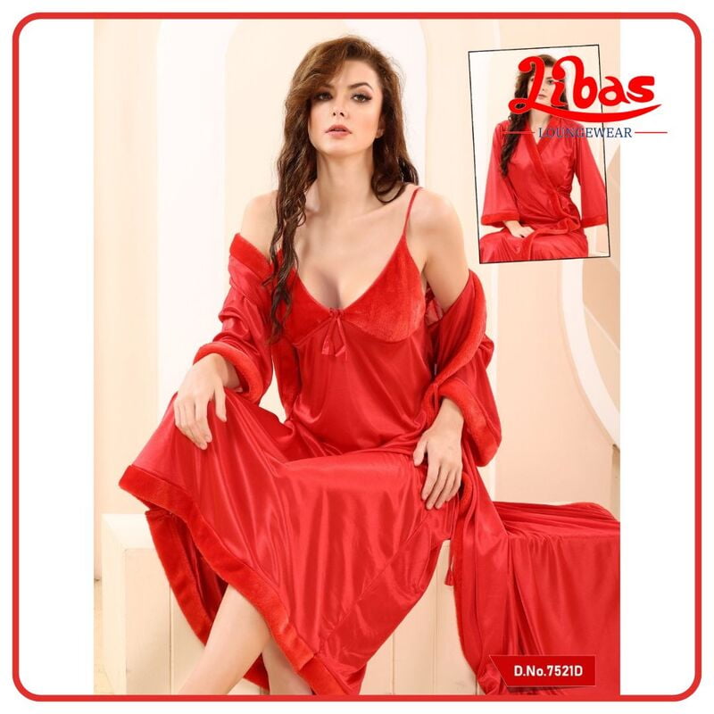 Plain Cinnabar Red Satin Two Piece Fancy Nighty From Libas Loungewear - FCN147