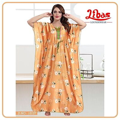 Chardonnay Armani Satin Kaftan Nighty With Floral Print All Over From Libas Loungewear - KF281